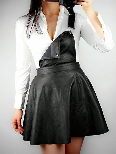 NOORA WOMEN Skirt 100% LAMBSKIN Leather Black Dress Overall Strap Suspenders SP5 - Noora International