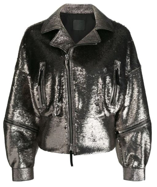 NOORA Women Sparkle Black Leather Jacket | Lambskin leather biker jacket | Shiny & Glitter Jacket YK048 - Noora International