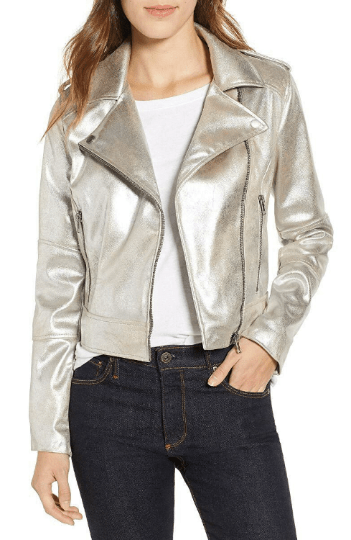 NOORA Women Sparkle Silver Leather Jacket | lambskin leather biker jacket | Shiny Metallic Silver Jackets YK041 - Noora International