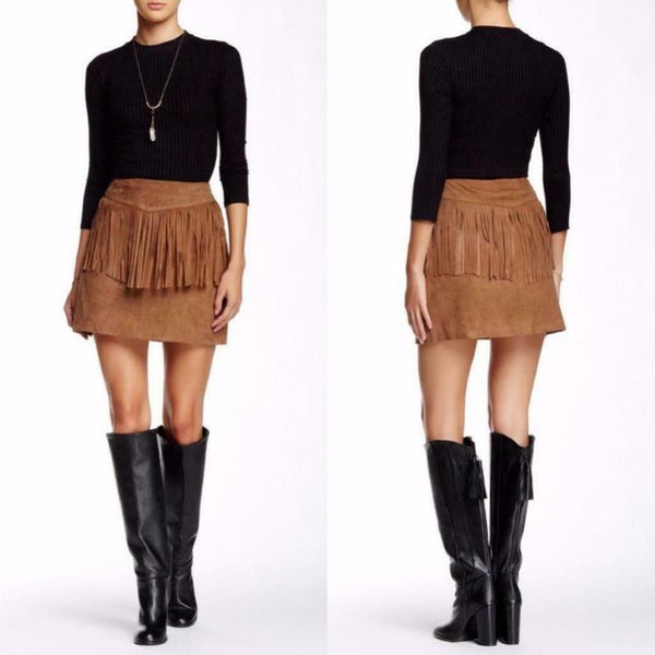 NOORA Women Suede Leather Mini Skirt, Brown Riley Fringed Cowgirl Mini SKIRT, Short Skirt-SJ149 - Noora International