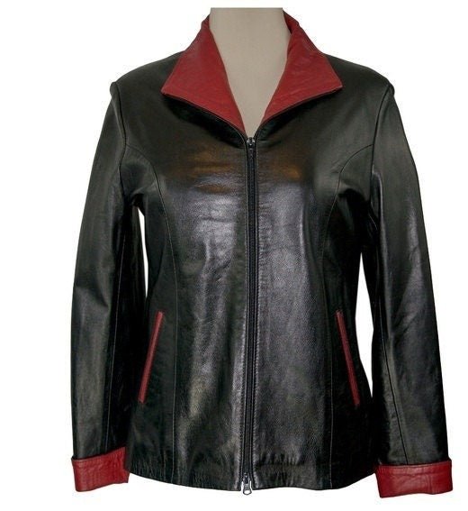 NOORA Women's 100% Real Lambskin Black & Red Leather Biker Jacket With Zipper & Pocket | Multi Color Jacket | Color Block Pattern Jacket | ST0416 - Noora International