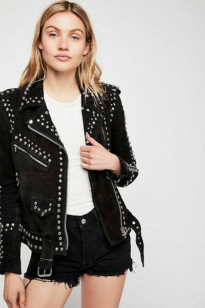NOORA Women's American Style Black Suede Silver Studded Biker Jacket With Zipper & Pocket | Belted Jacket | Shoulder Strap | ST0401 - Noora International