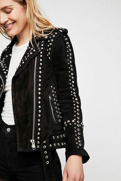 NOORA Women's American Style Black Suede Silver Studded Biker Jacket With Zipper & Pocket | Belted Jacket | Shoulder Strap | ST0401 - Noora International