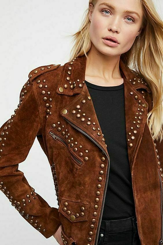Women's American Style Lambskin Brown Suede Studded Jacket With Zipper & Jacket, Shoulder Strap