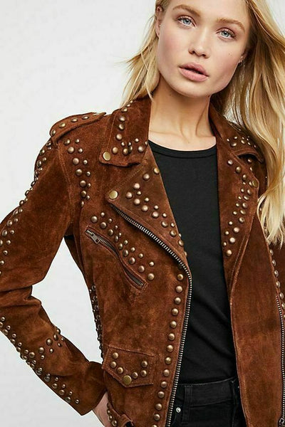 NOORA Women's American Style Lambskin Brown Suede Studded Jacket With Zipper & Jacket | Shoulder Strap | ST0403 - Noora International
