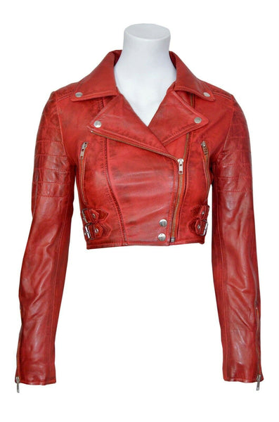 NOORA Women's Antique Red Biker Leather Cropped Jacket| Western Party Wear Jacket| Modern Style Crop Jacket - Noora International