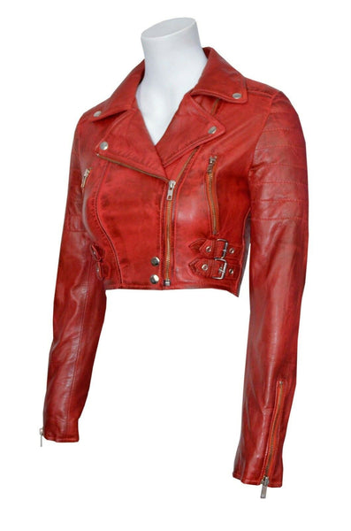 NOORA Women's Antique Red Biker Leather Cropped Jacket| Western Party Wear Jacket| Modern Style Crop Jacket - Noora International