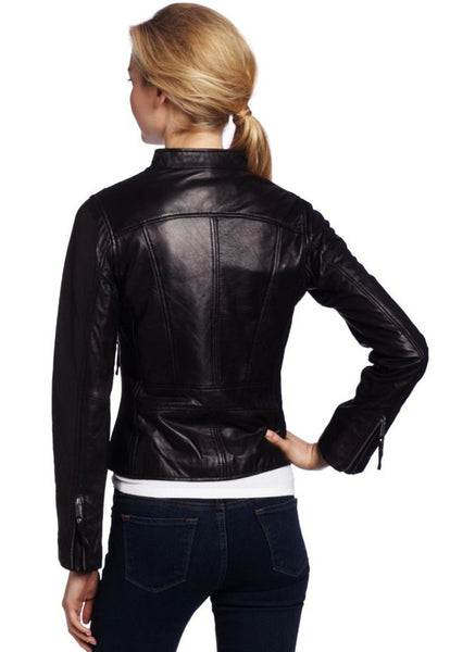 Noora Women's Black Collared leather jacket with front pocket Motorcycle Leather Jacket ST0293 - Noora International