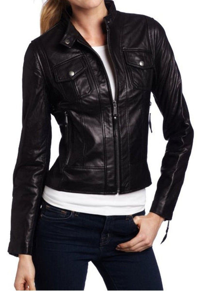 Noora Women's Black Collared leather jacket with front pocket Motorcycle Leather Jacket ST0293 - Noora International