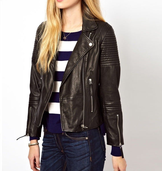 Noora Women's Black Detailed Biker Motorcycle Leather Jacket ST0245 - Noora International