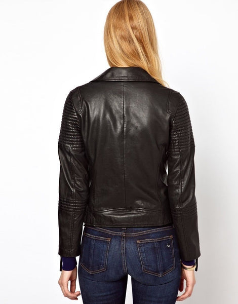 Noora Women's Black Detailed Biker Motorcycle Leather Jacket ST0245 - Noora International