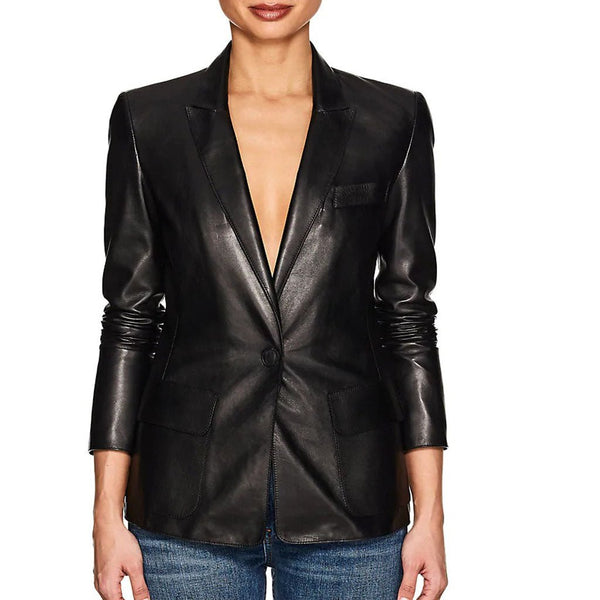 Noora Womens Black Lambskin leather Blazer | Black Formal Leather Blazer | Black Meeting Wear Leather Blazer With Button Closure SU0182 - Noora International