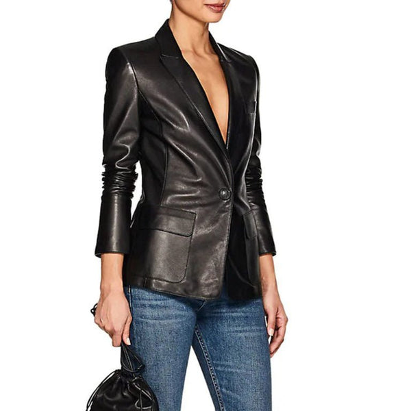 Noora Womens Black Lambskin leather Blazer | Black Formal Leather Blazer | Black Meeting Wear Leather Blazer With Button Closure SU0182 - Noora International