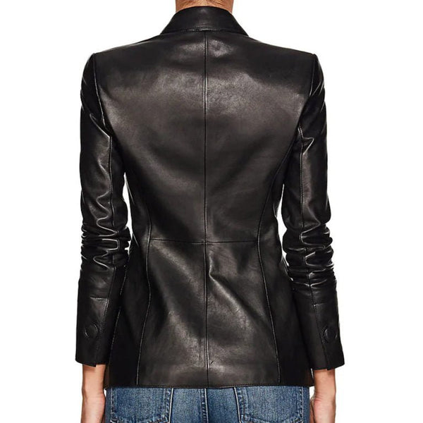 Noora Womens Black Lambskin leather Blazer | Black Formal Leather Blazer | Black Meeting Wear Leather Blazer With Button Closure SU0182 - Noora International