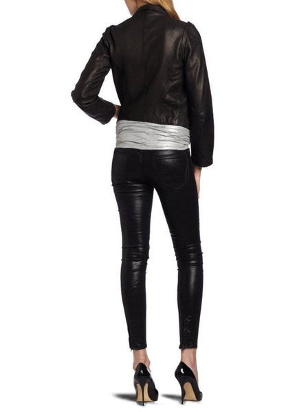 Noora Women's Black Lambskin Leather Jacket with Wide Collared | Casual Black Outwear Biker Leather Jacket | Birthday Gifts ST0265 - Noora International