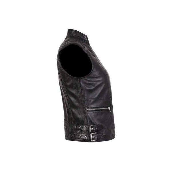 Noora Womens Black Lambskin Leather Vest Coat With Branded YKK Zipper | Black Belted Vest Coat | Designer Black Biker Coat SU0174 - Noora International