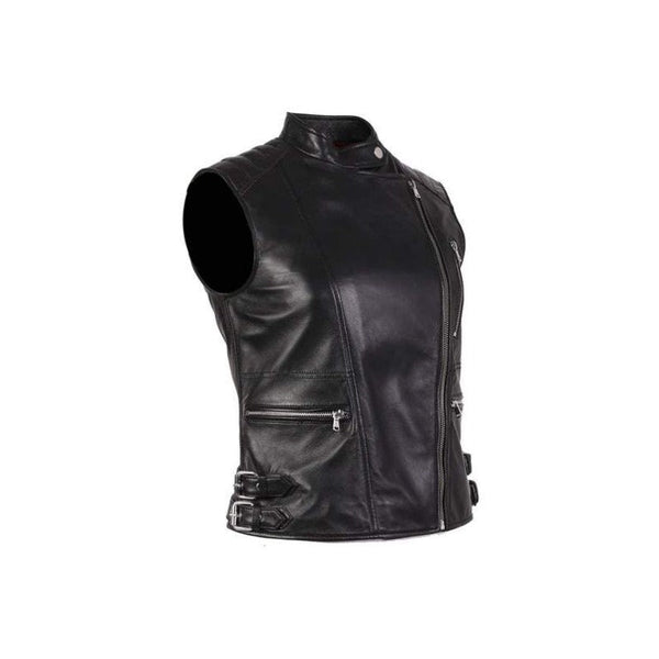 Noora Womens Black Lambskin Leather Vest Coat With Branded YKK Zipper | Black Belted Vest Coat | Designer Black Biker Coat SU0174 - Noora International