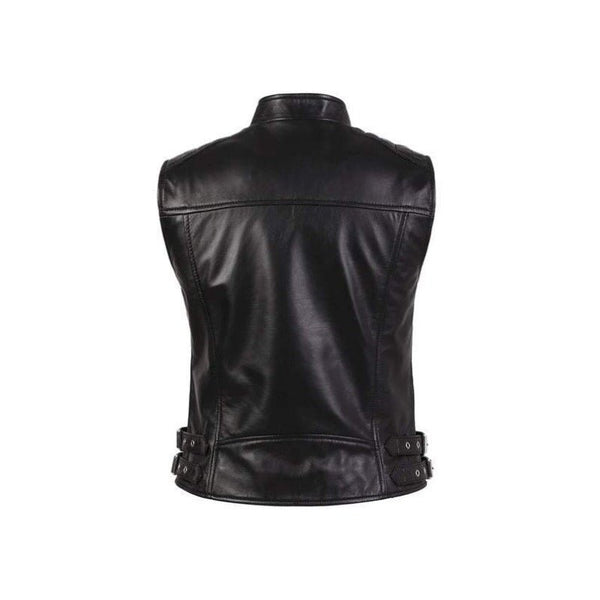 Noora Womens Black Lambskin Leather Vest Coat With Branded YKK Zipper | Black Belted Vest Coat | Designer Black Biker Coat SU0174 - Noora International