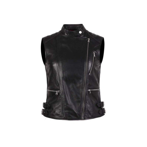 Noora Womens Black Lambskin Leather Vest Coat With Branded YKK Zipper | Black Belted Vest Coat | Designer Black Biker Coat SU0174 - Noora International