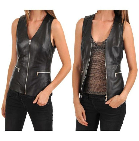 Noora Womens Black Lambskin Leather Vest Coat With Branded YKK Zipper Closure | Black Biker Slim Fit Leather Vest Coat SU019 - Noora International
