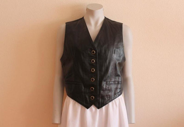 Noora Womens Black Lambskin Leather Vest Coat With Button Closure | Black Sleeveless & Belted Leather Vest Coat SU0173 - Noora International