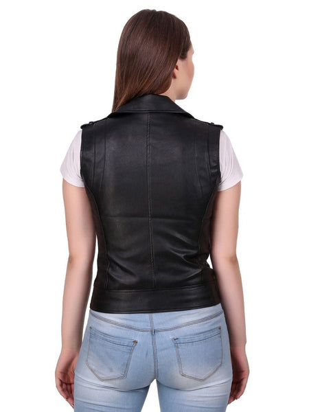 Noora Womens Black Leather Biker Vest Coat | Black Sleeveless Café Racer Leather Vest Coat With Branded YKK Zipper SU0176 - Noora International