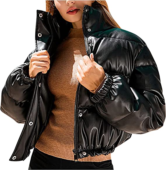 Noora Women's Black Leather Crop Bubble Coat Puffer Quilted Jacket With Zipper & Pocket | Zip Up Leather Jacket JS35 - Noora International