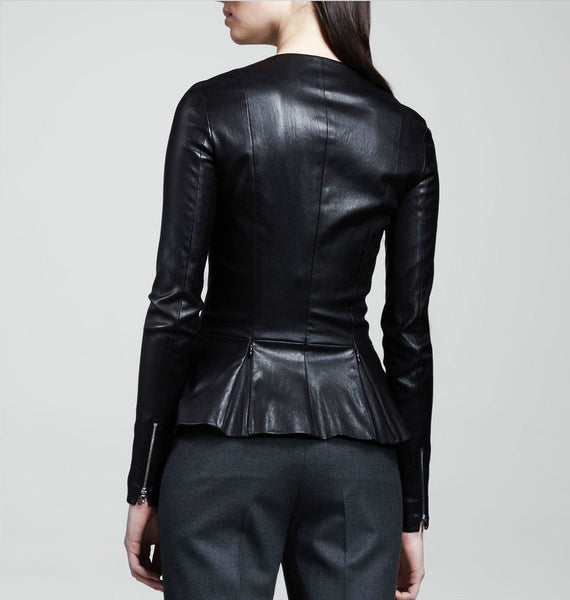 Noora Women's Black leather Peplum Jacket ST0319 - Noora International