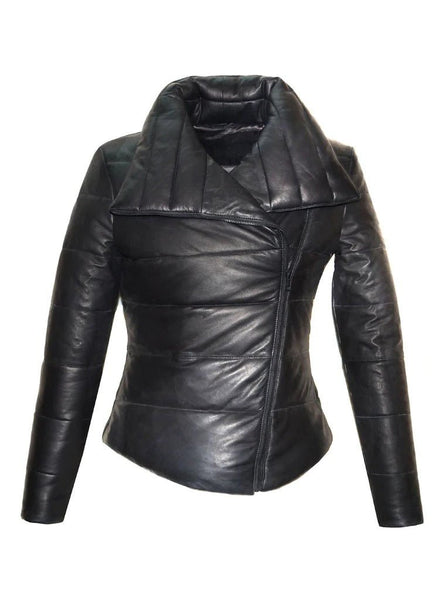 NOORA Womens Black Leather Puffer Quilted Jacket With Side Zipper & Pocket | Zip Up Leather jacket | JS34 - Noora International