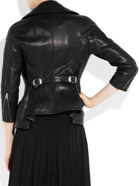 Noora Women's Black Notched collar cinched black Biker Leather jacket ST0233 - Noora International