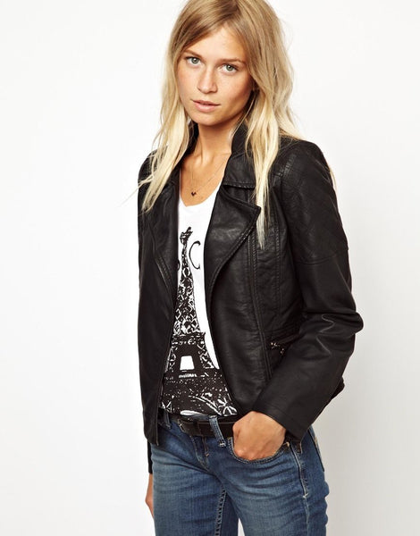 Noora women's black notched collar leather jacket Motorcycle Leather Jacket ST0234 - Noora International