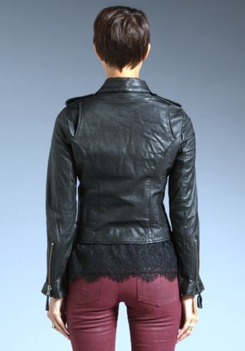 Noora women's black quilted biker leather jacket with a side zipper ST0251 - Noora International