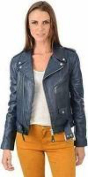 Noora Women's Blue Lambskin Leather Jacket | Biker Racer Belted Leather Jacket With Branded YKK Zipper QD238 - Noora International