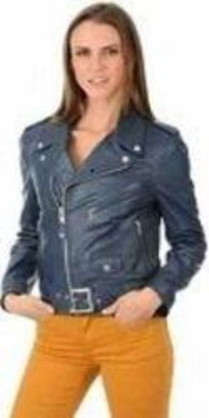 Noora Women's Blue Lambskin Leather Jacket | Biker Racer Belted Leather Jacket With Branded YKK Zipper QD238 - Noora International