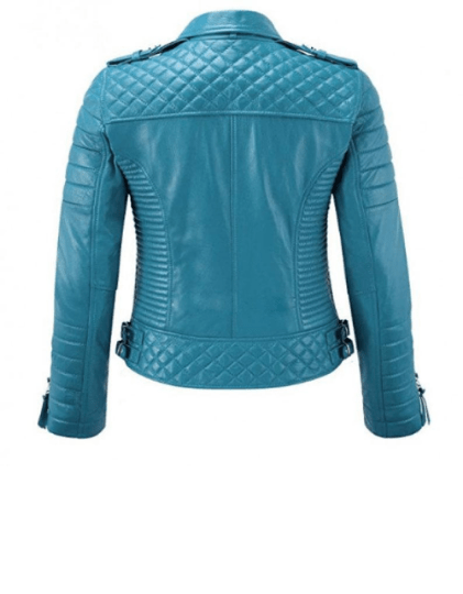 Noora Women's Blue Lambskin Leather Quilted Jacket With Zipper & Pocket, Warm Winter Leather Biker Jacket - Noora International