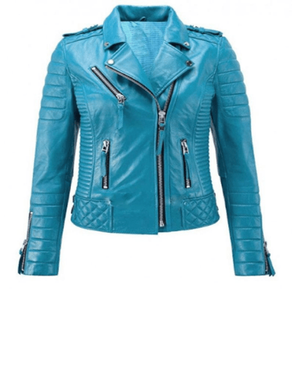 Noora Women's Blue Lambskin Leather Quilted Jacket With Zipper & Pocket, Warm Winter Leather Biker Jacket - Noora International