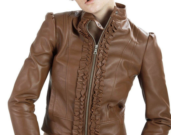Noora Women's Brown Lambskin Leather Jacket with Ruffles | Stylish Club wear Crop Top Leather Jacket | Special Occasional Gift for her ST0256 - Noora International