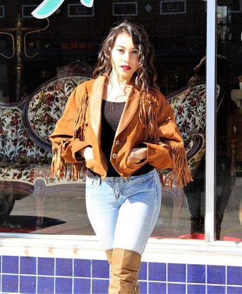 Noora Womens Brown Lambskin Suede Leather Fringe Jacket | Tan Brown Biker Fringe Jacket | Suede Fringe Jacket - Noora International