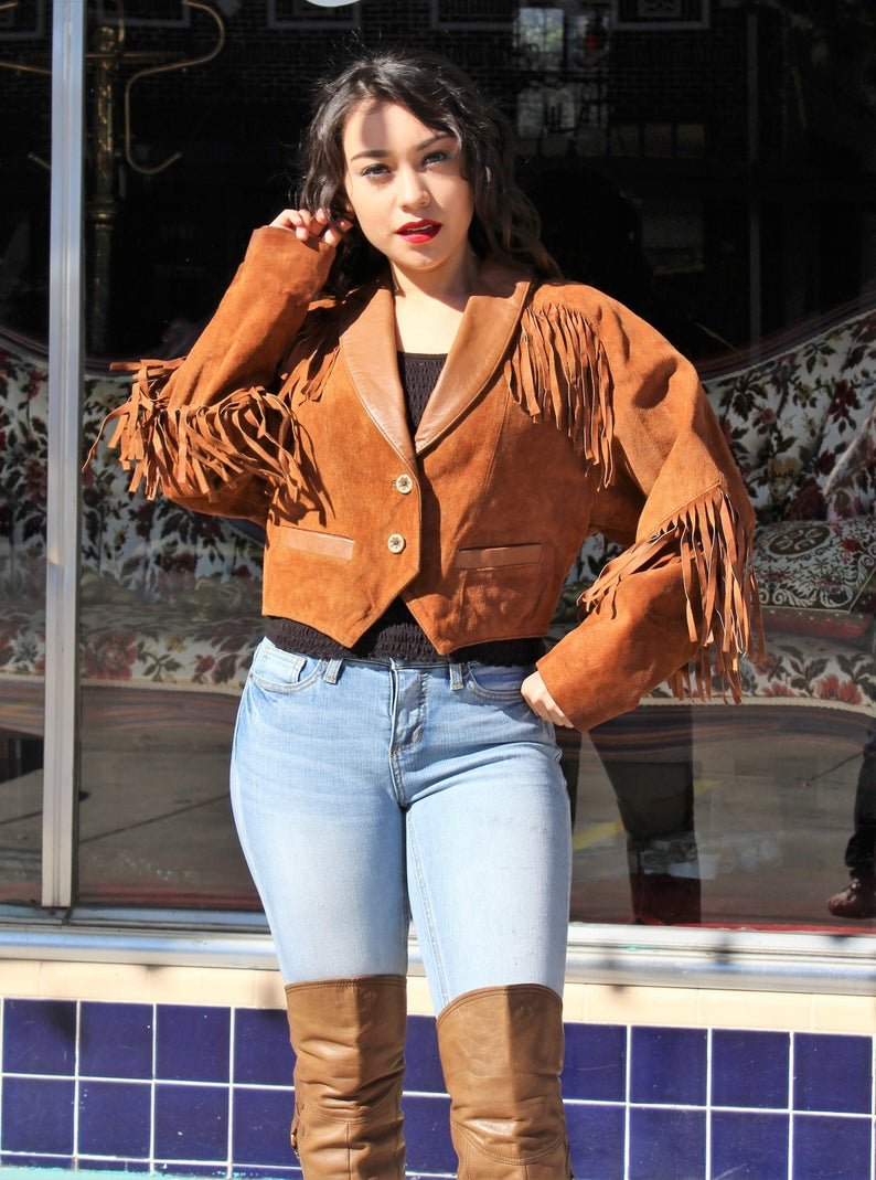 Womens Brown Lambskin Suede Leather Fringe Jacket, Tan Brown Biker Fringe Jacket, Suede Fringe – view 2