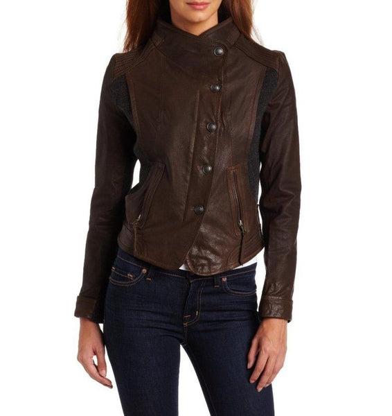 Noora Women's brown leather jacket with embellishment ST0254 - Noora International