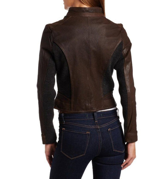 Noora Women's brown leather jacket with embellishment ST0254 - Noora International