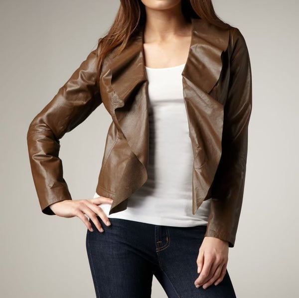 Noora Women's Brown leather jacket with Stylish Collar | No closure Jacket | Front Flare | Designer Party Wear Jacket - BS0960 - Noora International
