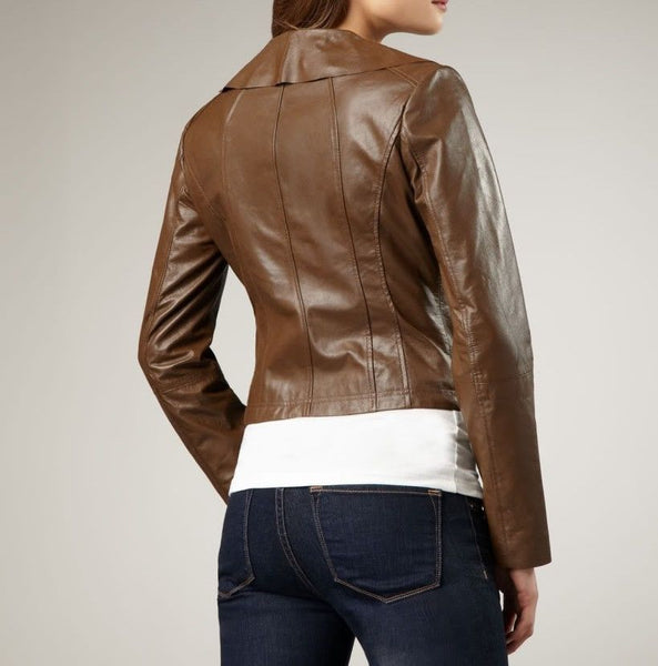 Noora Women's Brown leather jacket with Stylish Collar | No closure Jacket | Front Flare | Designer Party Wear Jacket - BS0960 - Noora International