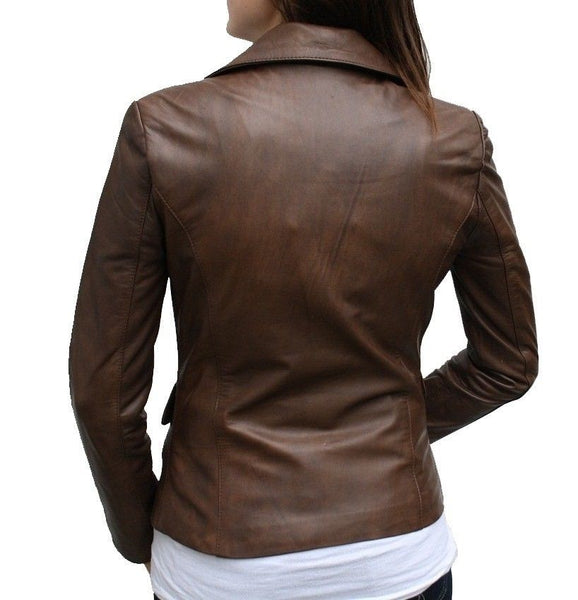 Noora Women's Brown Notched Collar blazer leather jacket ST0287 - Noora International