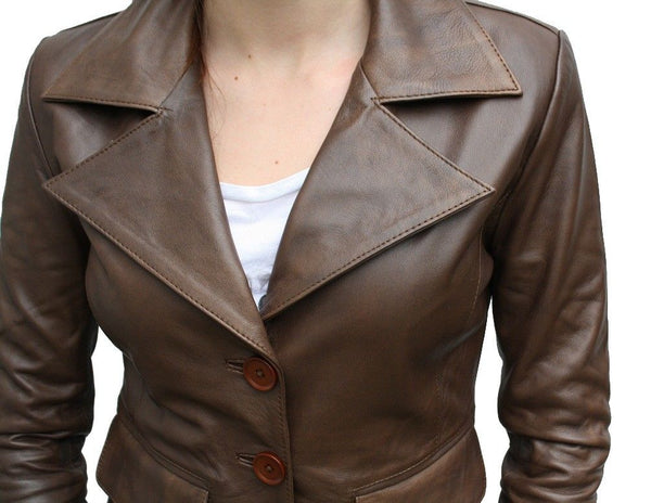Noora Women's Brown Notched Collar blazer leather jacket ST0287 - Noora International
