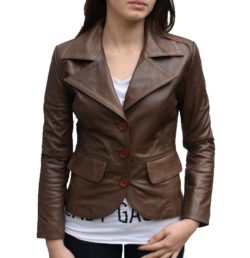Noora Women's Brown Notched Collar blazer leather jacket ST0287 - Noora International