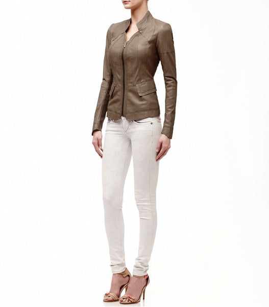 Noora Women's Burnt-Almond fitted Motorcycle leather jacket ST0295 - Noora International