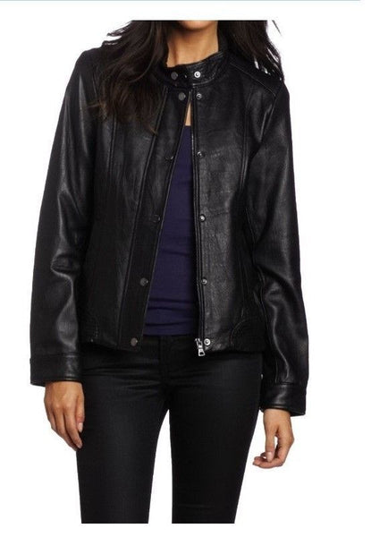 Noora Women's Button up and Collared black leather jacket ST0286 - Noora International