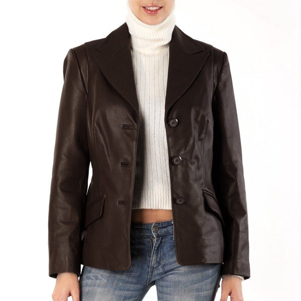 Noora women's chocolate brown Leather fitted blazer ST0259 - Noora International