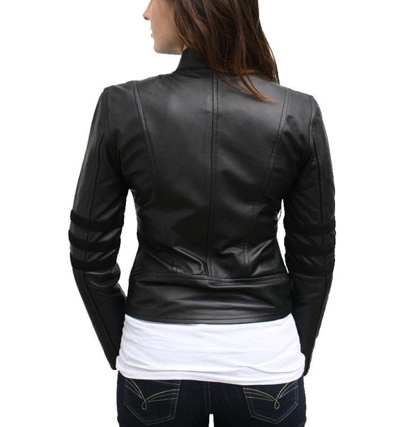 Noora Women's collared black Motorcycle leather jacket with zip pockets ST0240 - Noora International